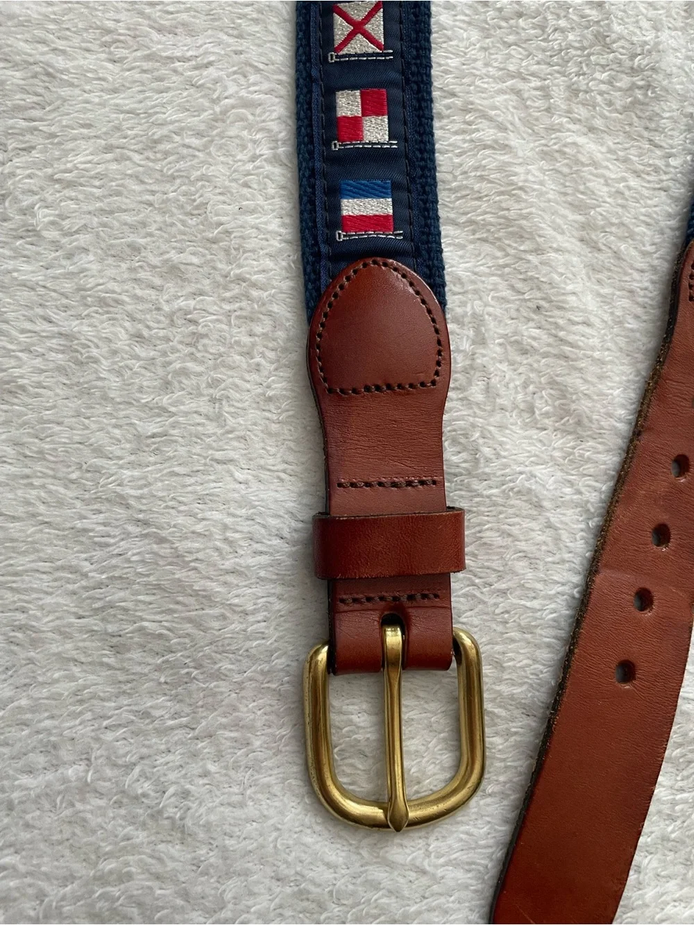 Leather Man Ltd size 36 Navy Flag Embroidered Belt with Brown Top Grain Leather